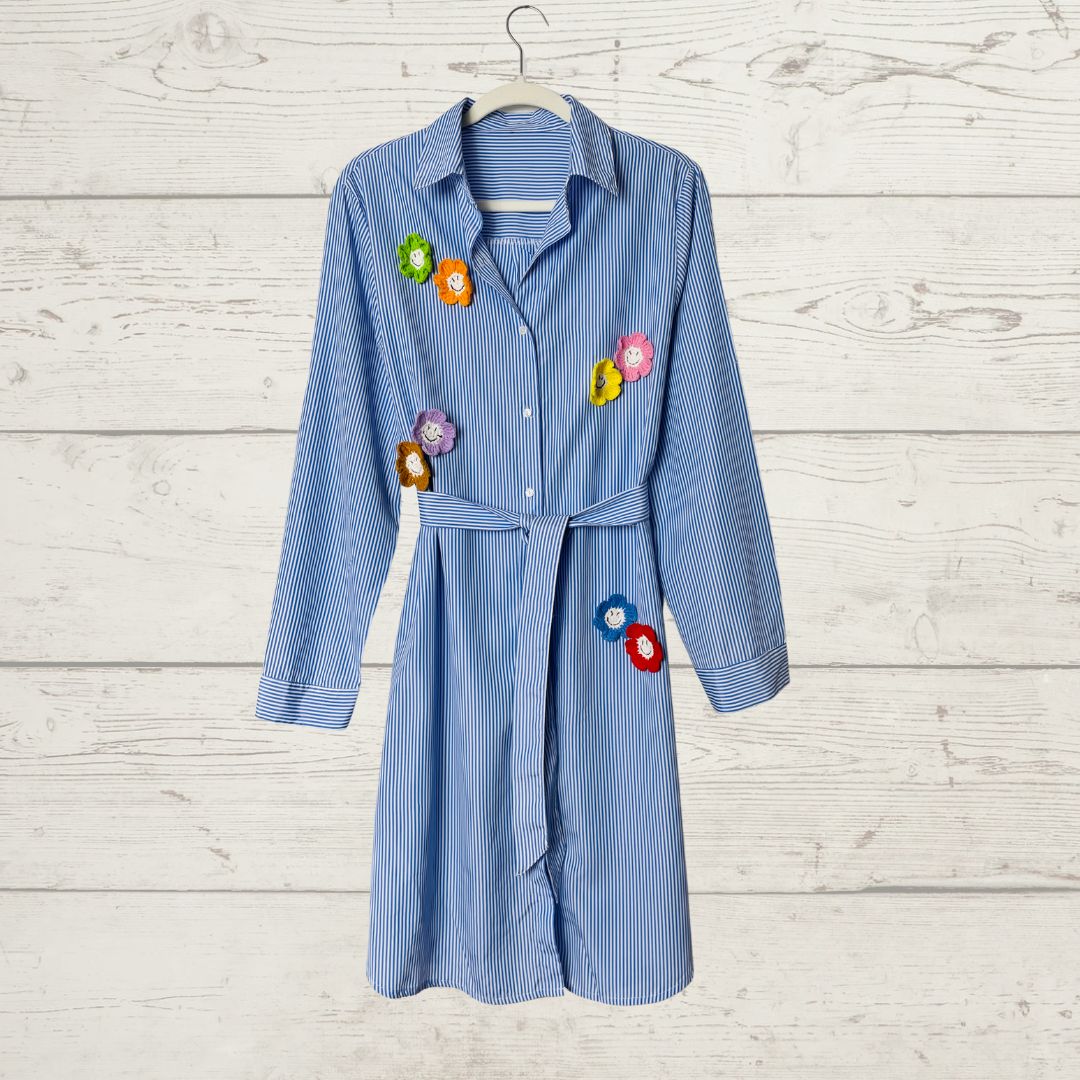 Striped Self-Tie Poplin Shirt Dress - Crochet Appliqués