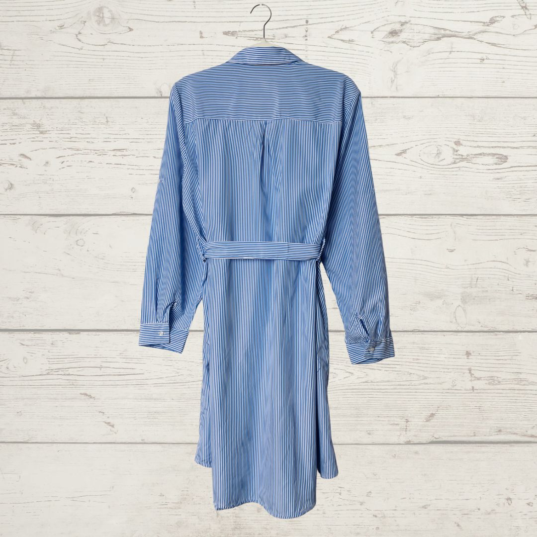Striped Self-Tie Poplin Shirt Dress - Crochet Appliqués