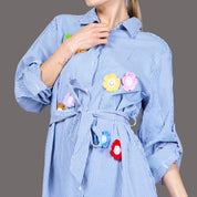 Striped Self-Tie Poplin Shirt Dress - Crochet Appliqués
