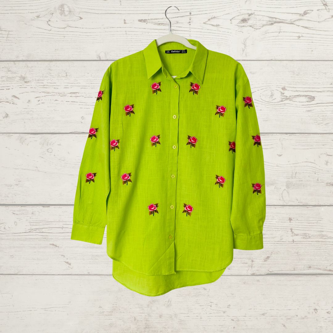 Lime Flower Embroidery Cotton Shirt