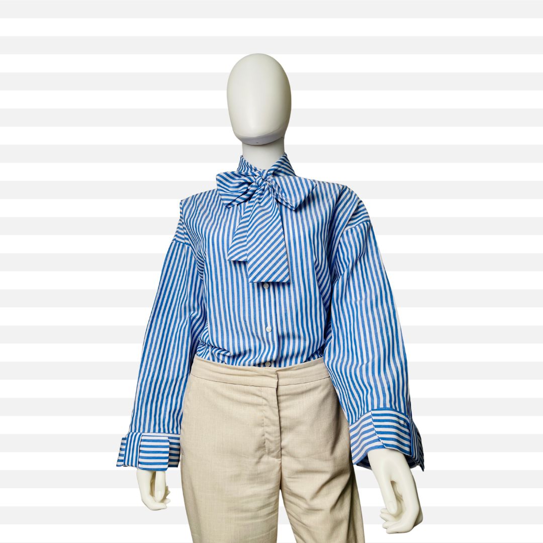 Tie Neck Poplin Stripe Shirt