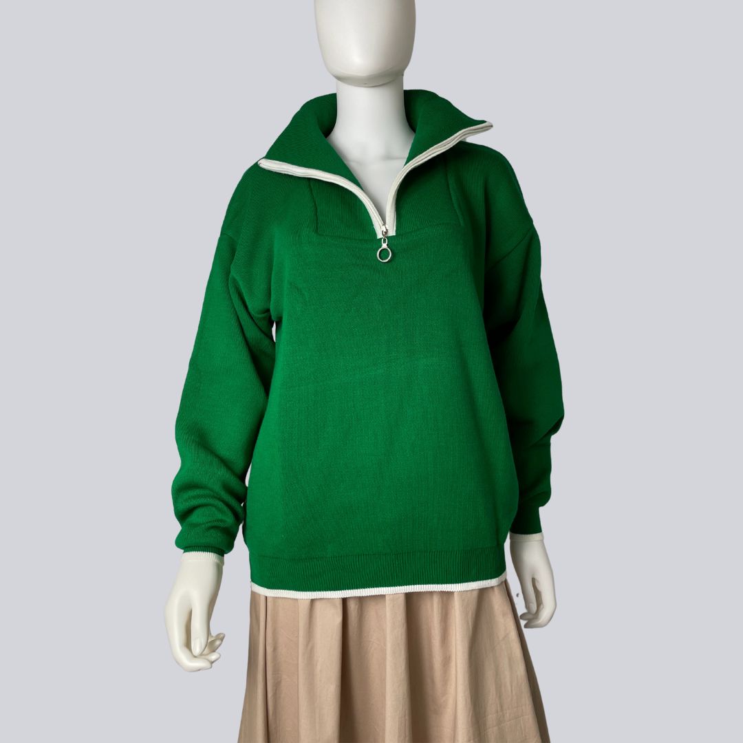 Zipped Pullover Sweater - Contrast Trim Detail