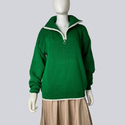 Zipped Pullover Sweater - Contrast Trim Detail